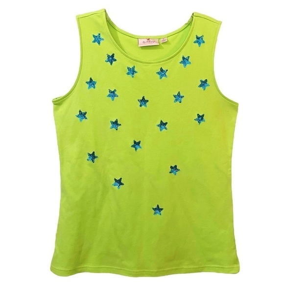 Quacker Factory Neon Green Tank With Turquoise Blue Sequin Stars Size M - Picture 1 of 7